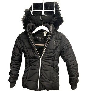 Guess Girls Lined Puffer Warm Coat Black Faux Fur Lined Logo Hood Sz Small 7-8